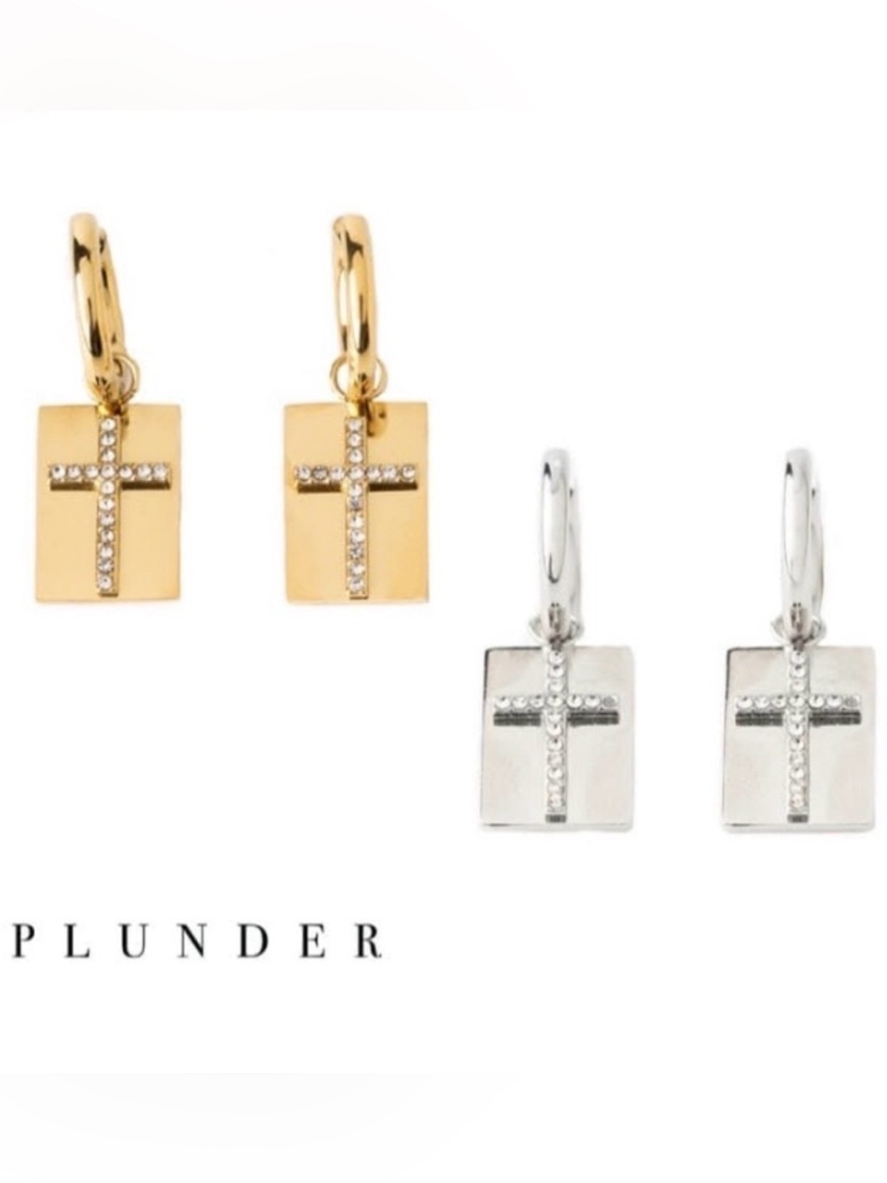 Plunder Design Gold or Silver Heavenly Cross Charm Hoop Huggie Earrings NWOT